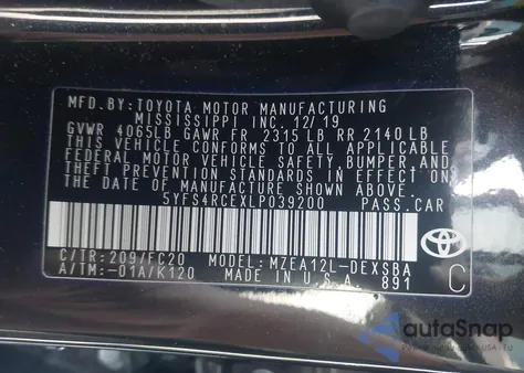 2020 Toyota Corolla Se Nightshade Edition z USA, uszkodzony, nr VIN 5YFS4RCEXLP039200